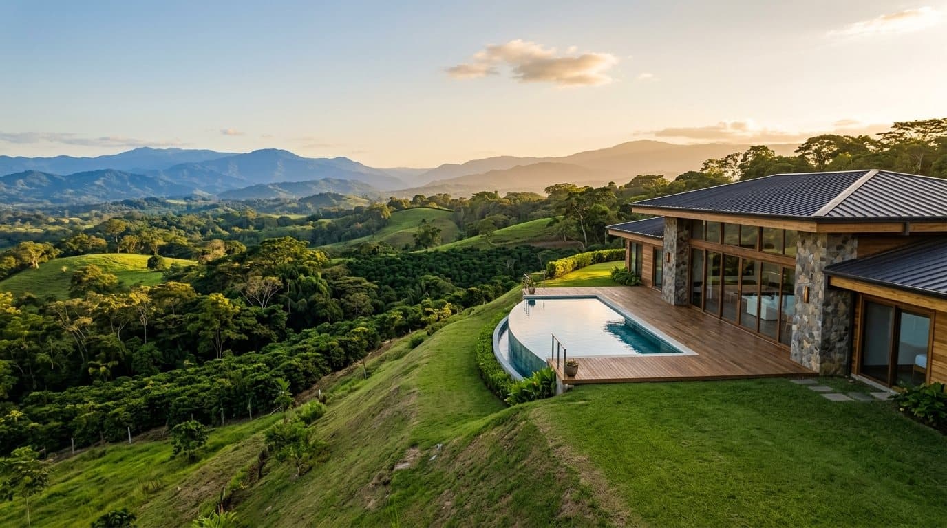 Casa moderna con piscina sobre un valle verde en Costa Rica