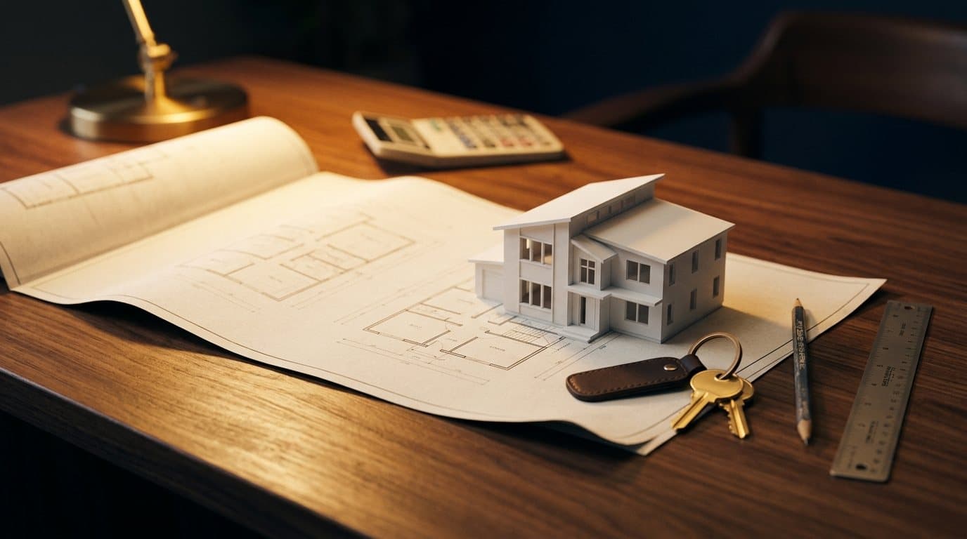 Planos de una casa con una maqueta y unas llaves