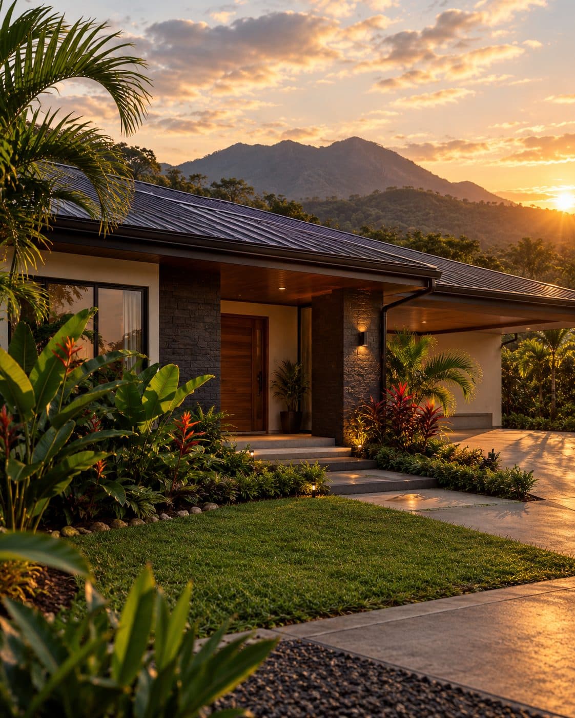 Casa con jardín tropical y montañas al atardecer