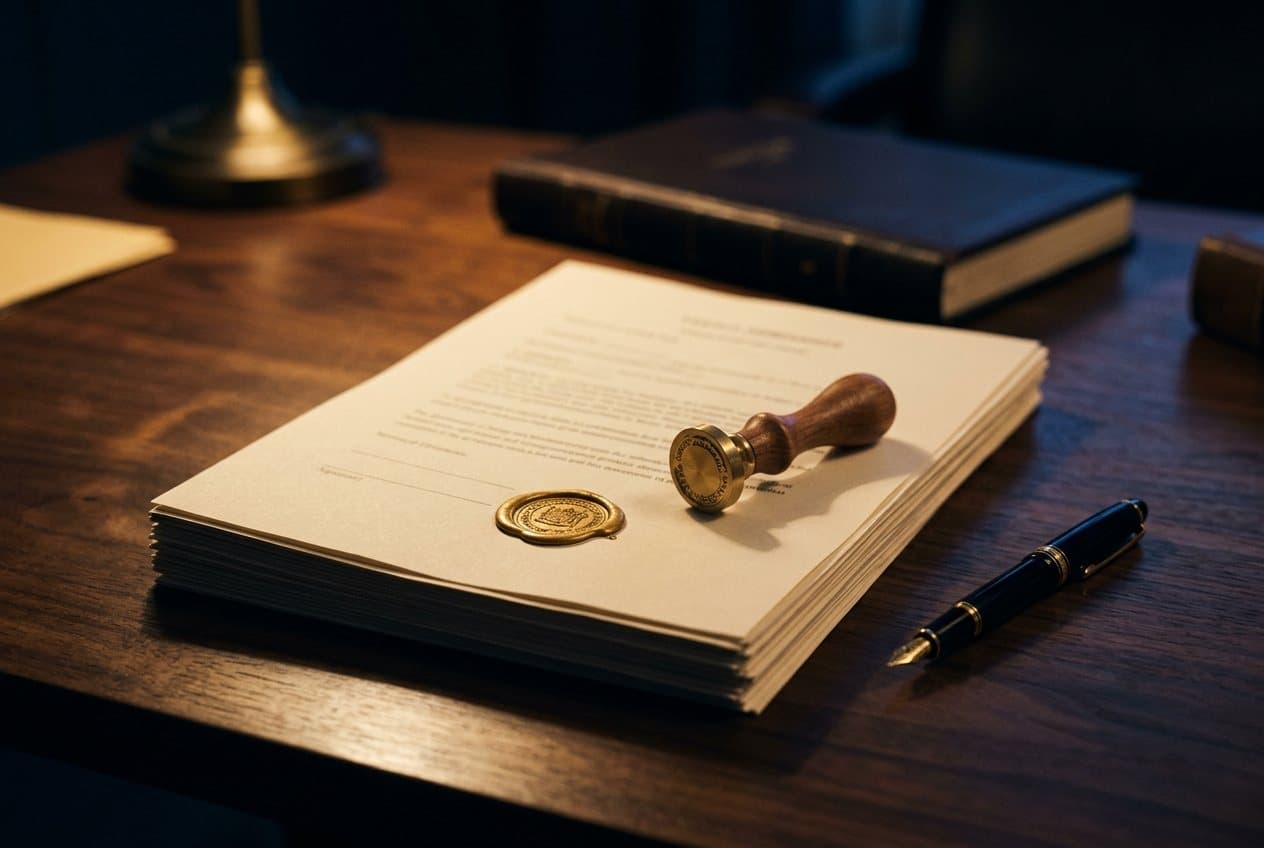 Documentos notariales con sello de lacre dorado y una pluma sobre un escritorio