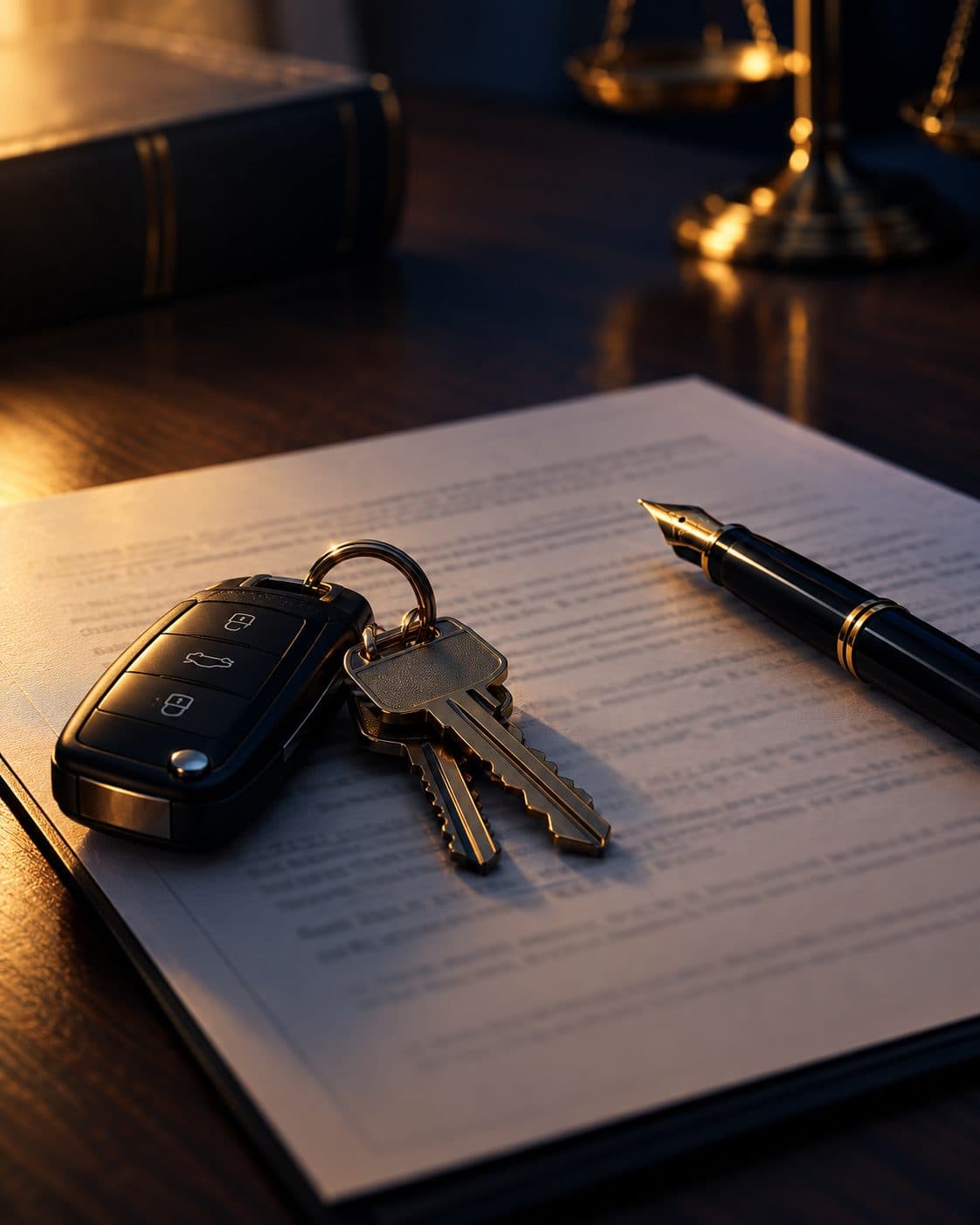 Llaves de carro y de casa sobre un contrato, junto a una pluma